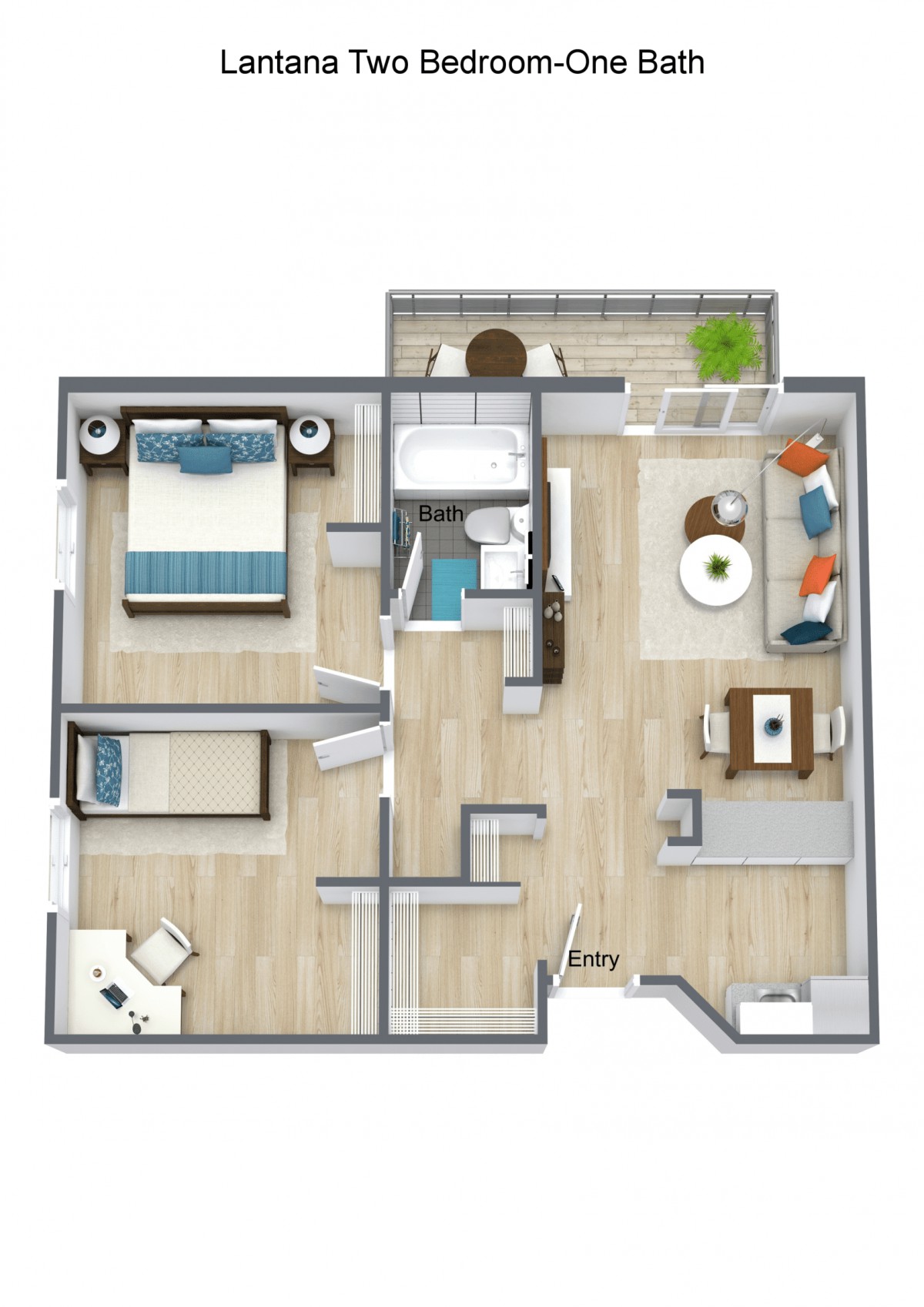 A 3D floor plan of a two-bedroom apartment featuring a living room, kitchen, and bathroom.