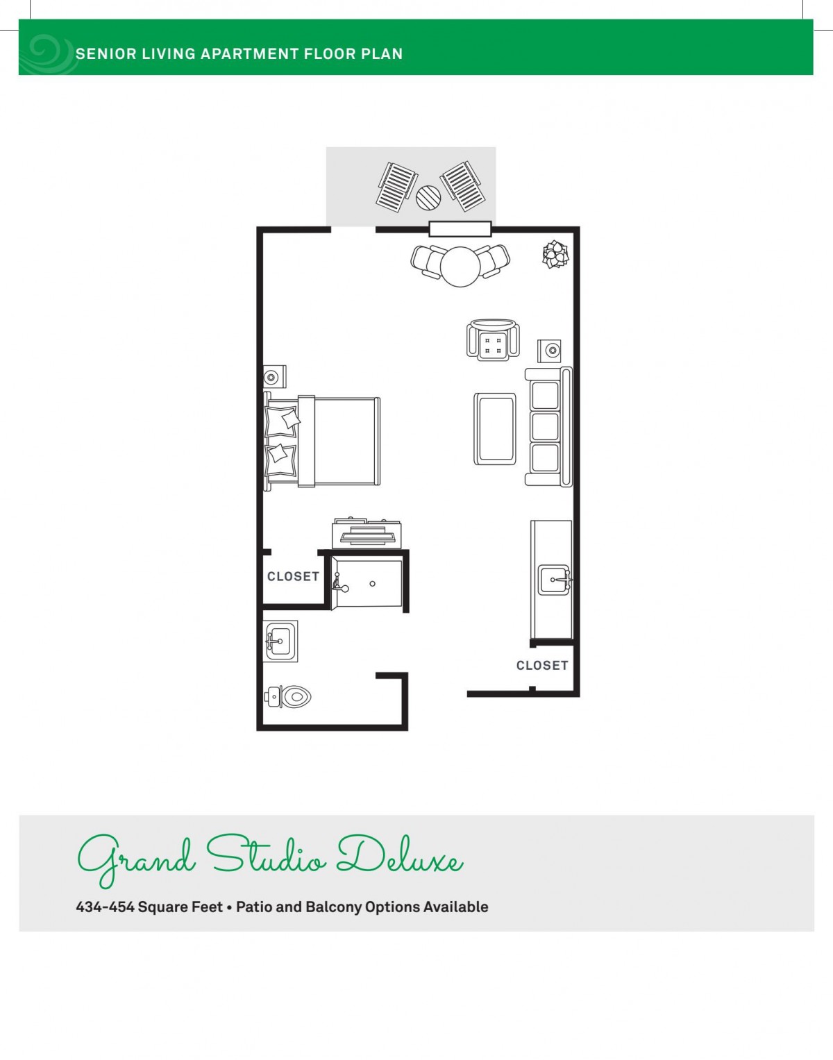 Grand Studio Deluxe floor plan featuring an open layout with a bed, kitchen, bathroom, and living area.