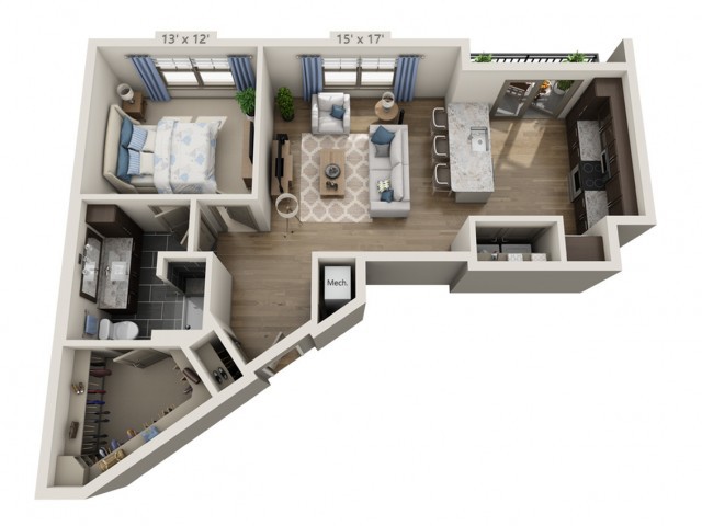 A detailed floor plan of a two-bedroom apartment featuring a living room, kitchen, and two bathrooms.