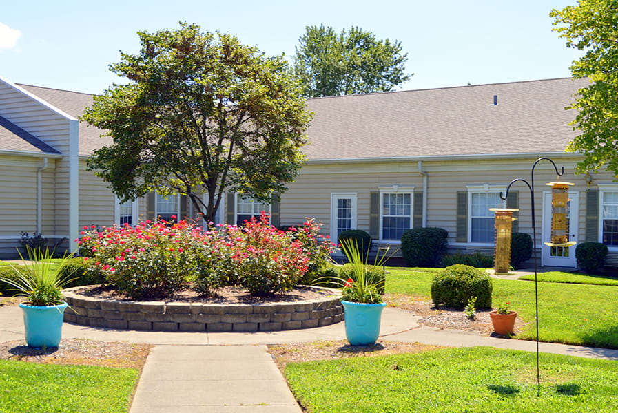 A landscaped garden in front of a single-story building with a tree and flowers.