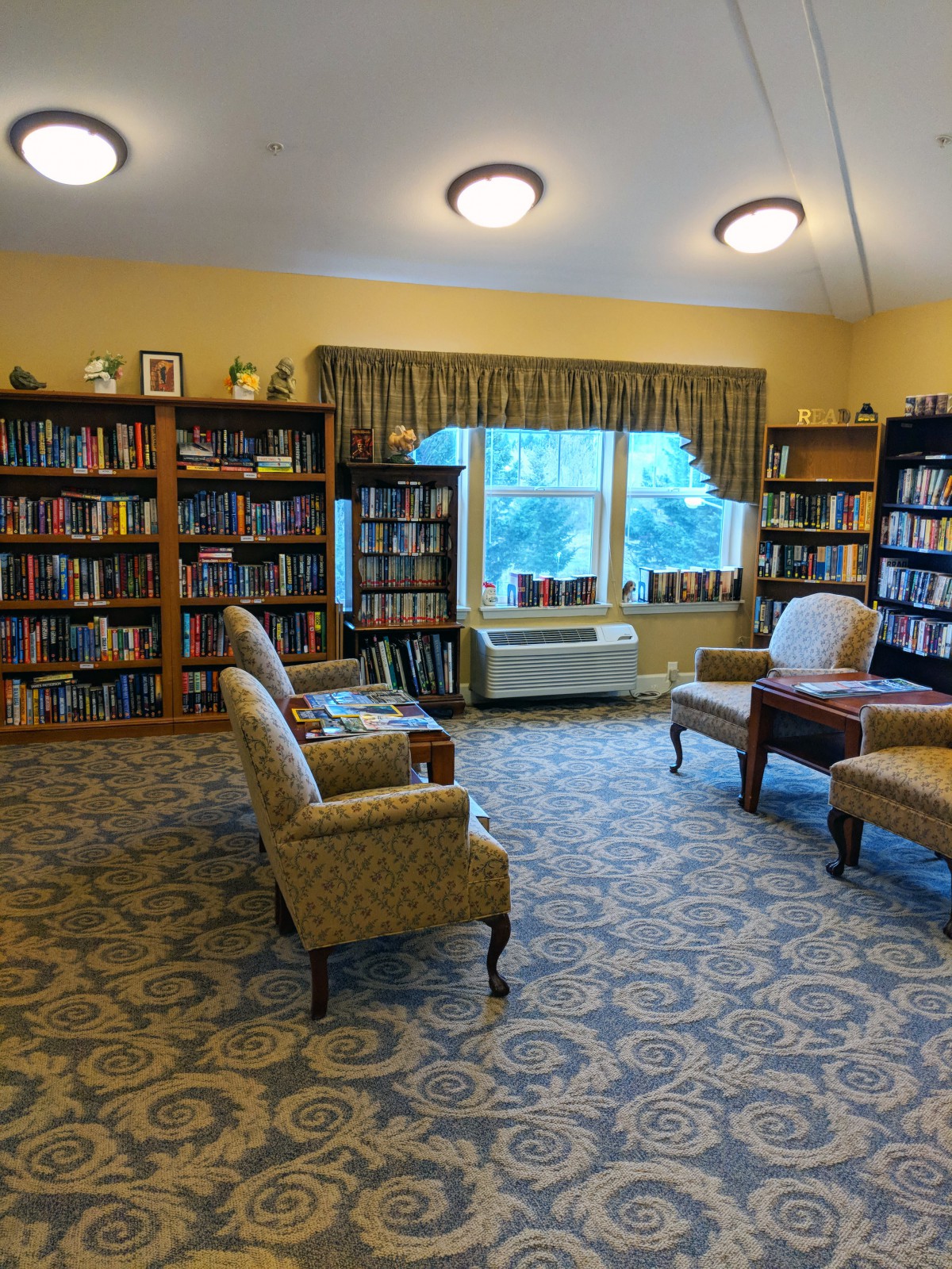A cozy library with bookshelves, comfortable chairs, and a large window providing natural light.
