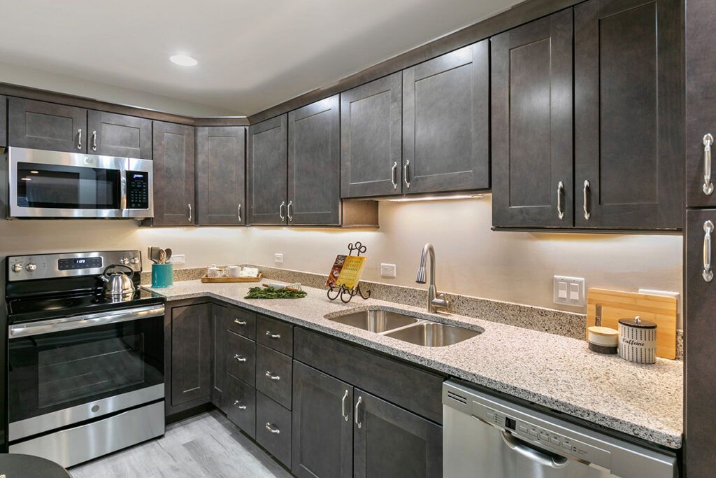 A modern kitchen with gray cabinets, stainless steel appliances, and a granite countertop.