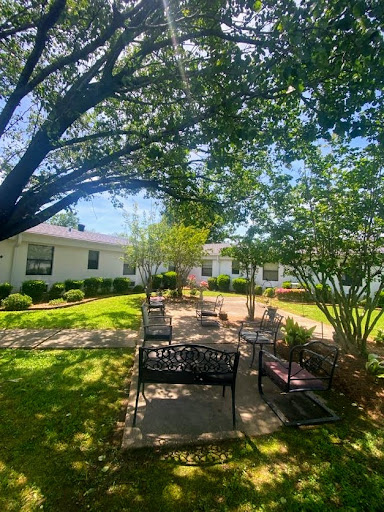 A sunny outdoor seating area surrounded by lush greenery, perfect for relaxation and enjoying nature.