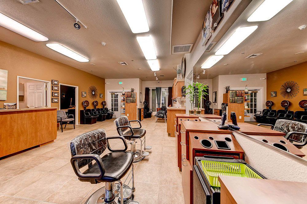 Modern hair salon interior with chairs and mirrors.