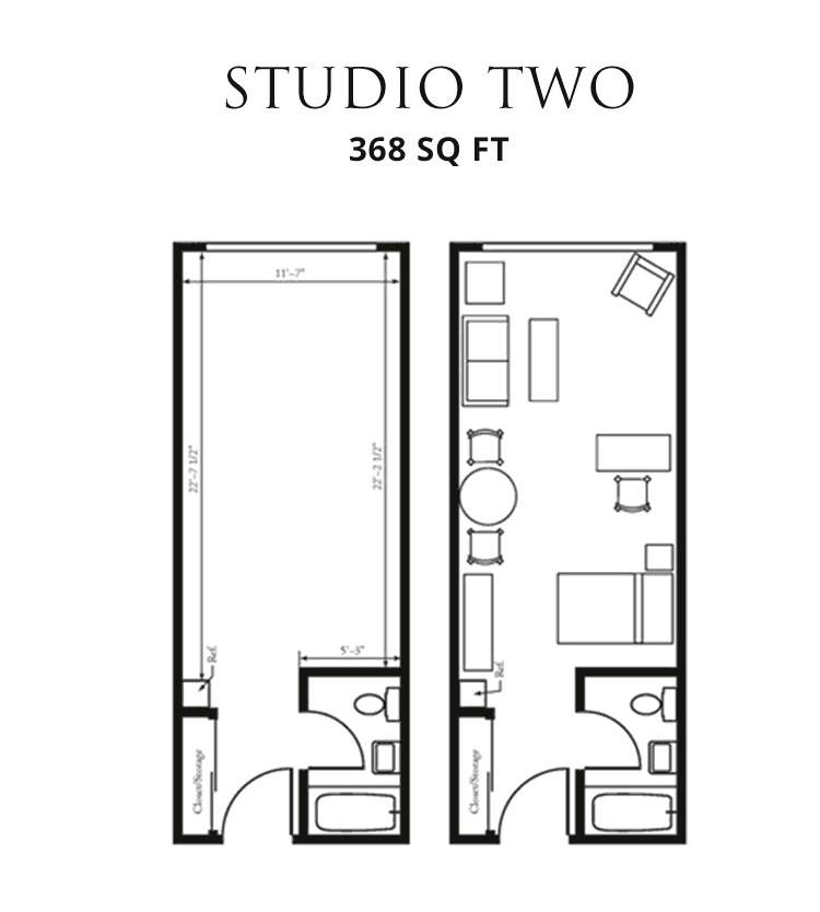 Floor plan of a 368 sq ft Studio Two apartment layout.