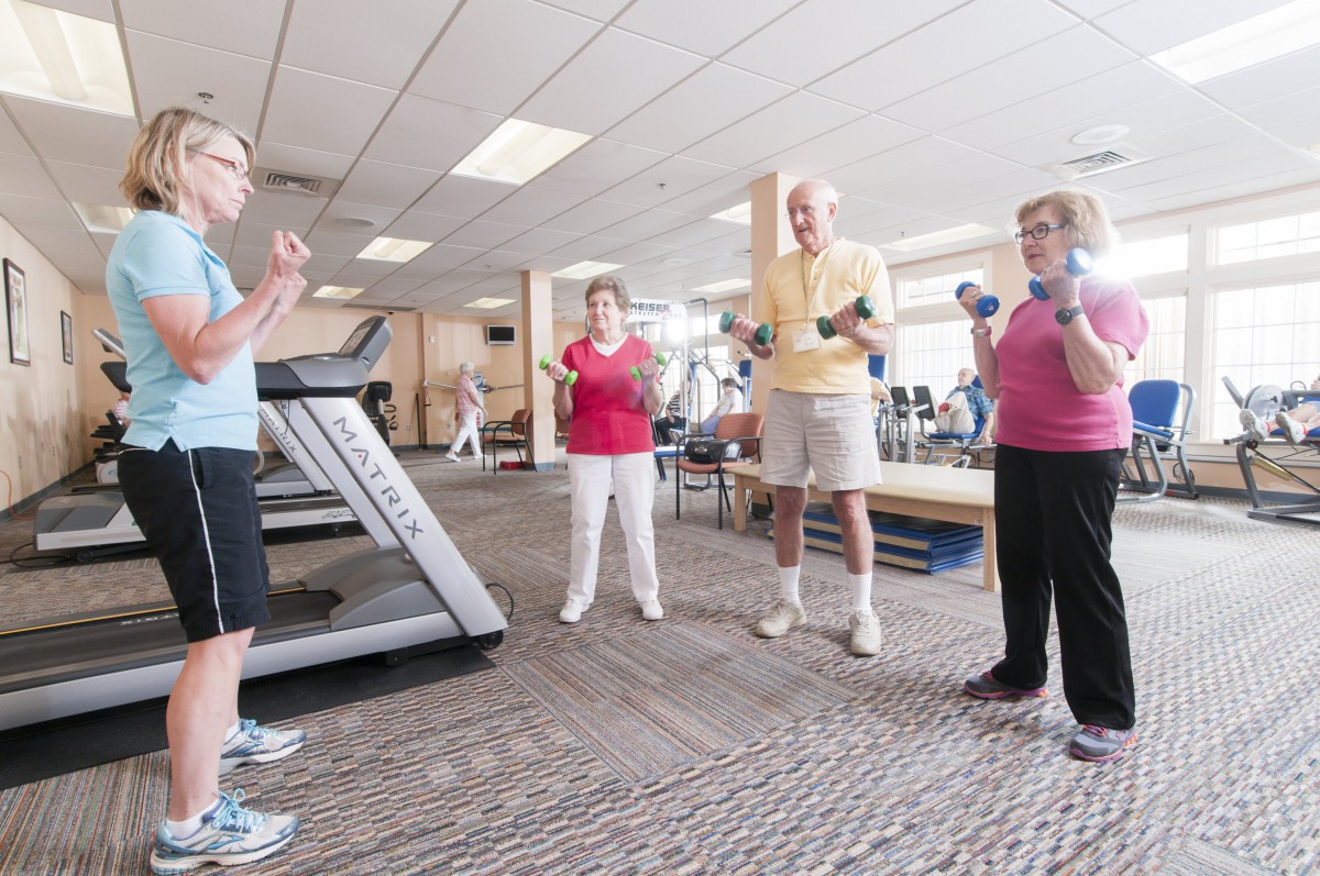 A group of seniors engaging in a fitness class at a gym, using dumbbells for exercise.