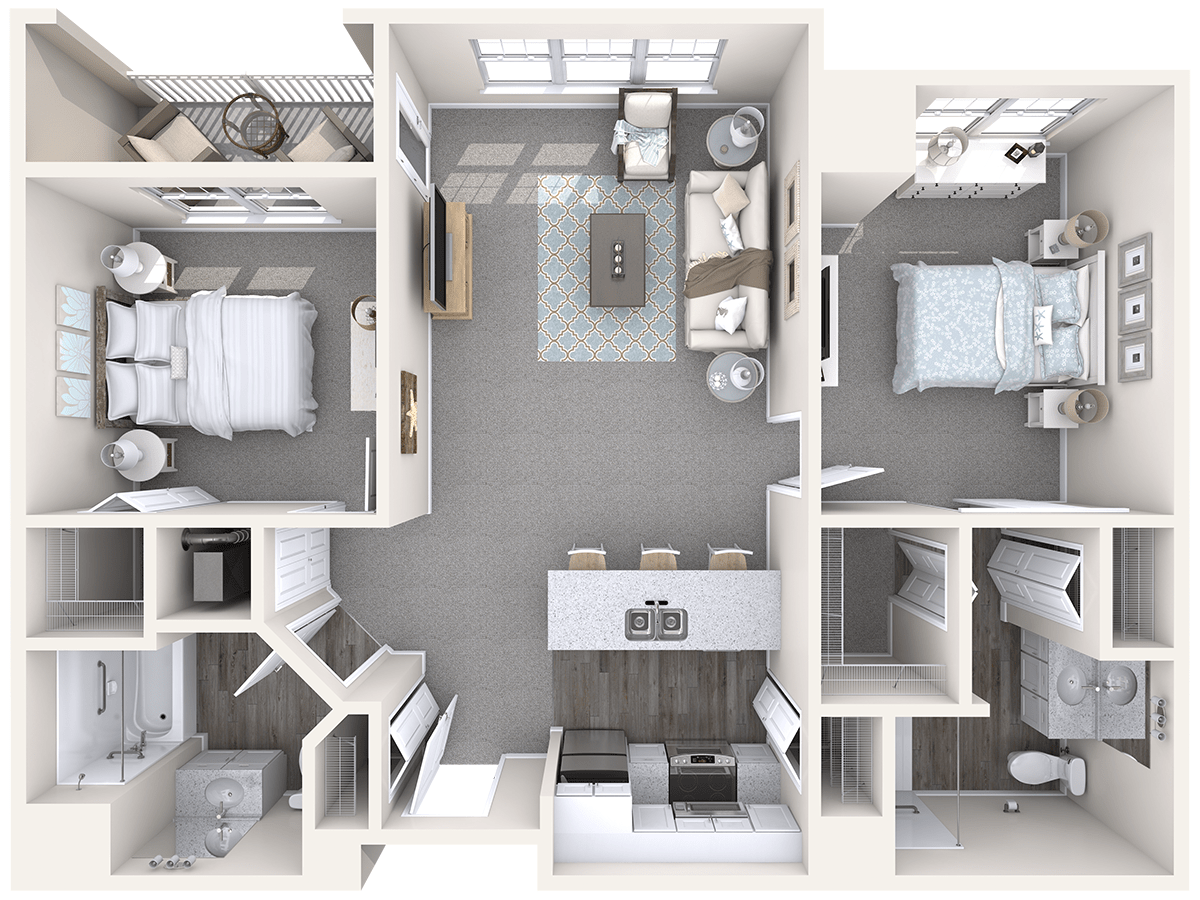 2-bedroom apartment floor plan with kitchen, living room, and bathroom.