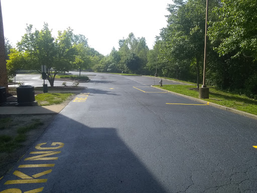 A spacious and empty parking lot surrounded by greenery on a sunny day.