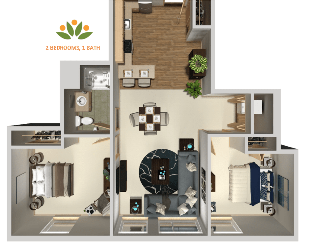 A detailed floor plan of an apartment showcasing the arrangement of rooms and furniture.