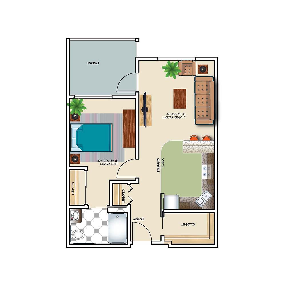 A compact floor plan of a one-bedroom apartment featuring a living room, kitchen, bedroom, and bathroom.
