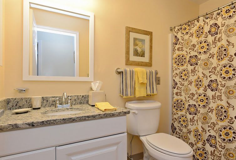 A well-organized bathroom featuring a sink with a granite countertop, a mirror, and patterned shower curtain.