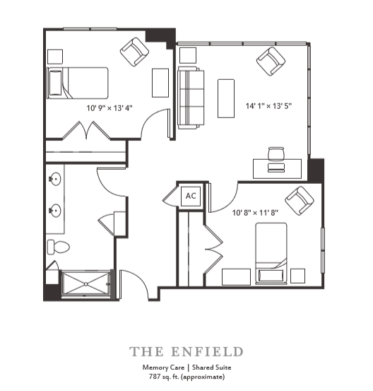 A blueprint style floor plan of a two-bedroom apartment, labeled 'The Enfield'.