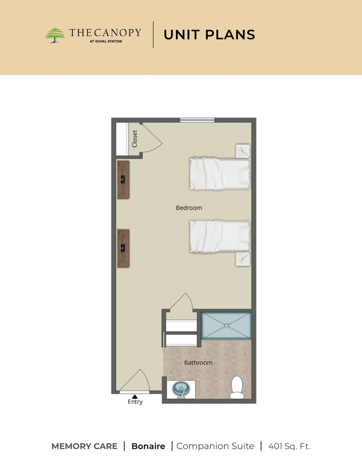 A floor plan of a bedroom featuring two beds, a bathroom, and storage space.
