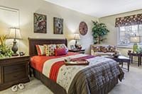 A cozy and well-decorated bedroom featuring a bed with colorful linens, decorative pillows, wall artwork, and a potted plant.