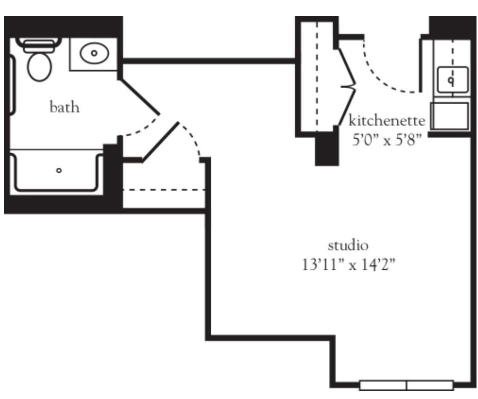 Floor plan of a studio apartment with bath and kitchenette.