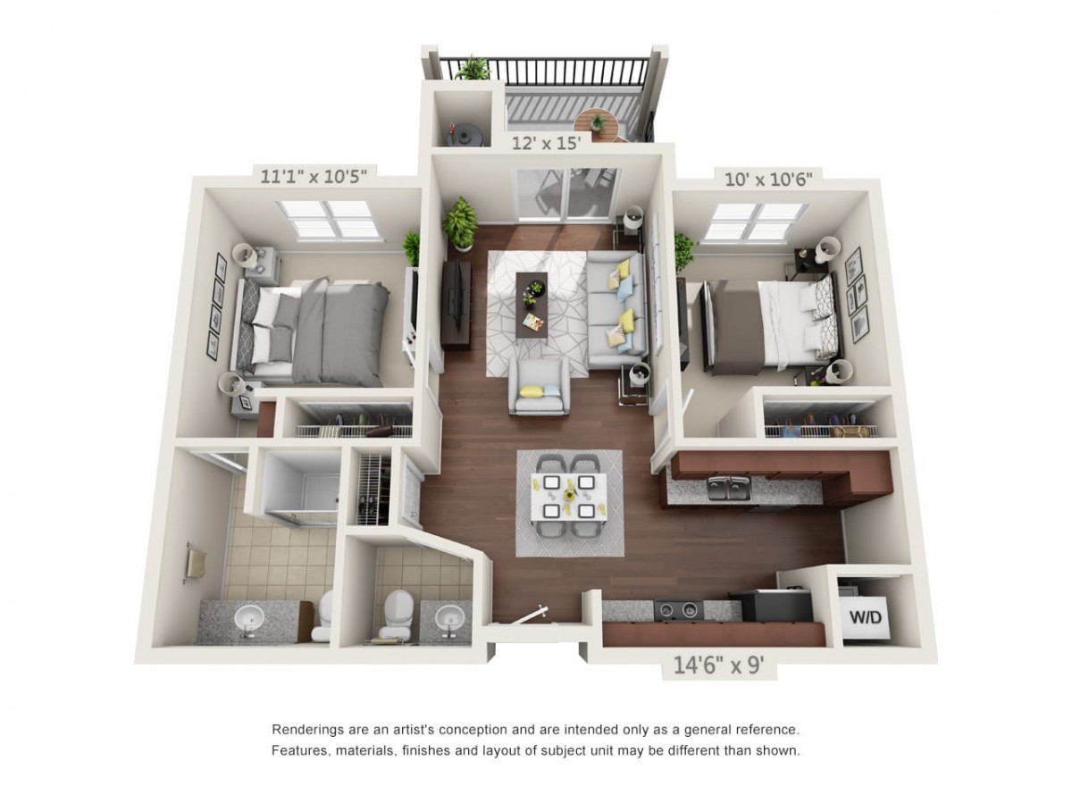 A 3D floor plan of a spacious two-bedroom apartment featuring an open concept living and dining area, complete with a kitchen island and balcony.