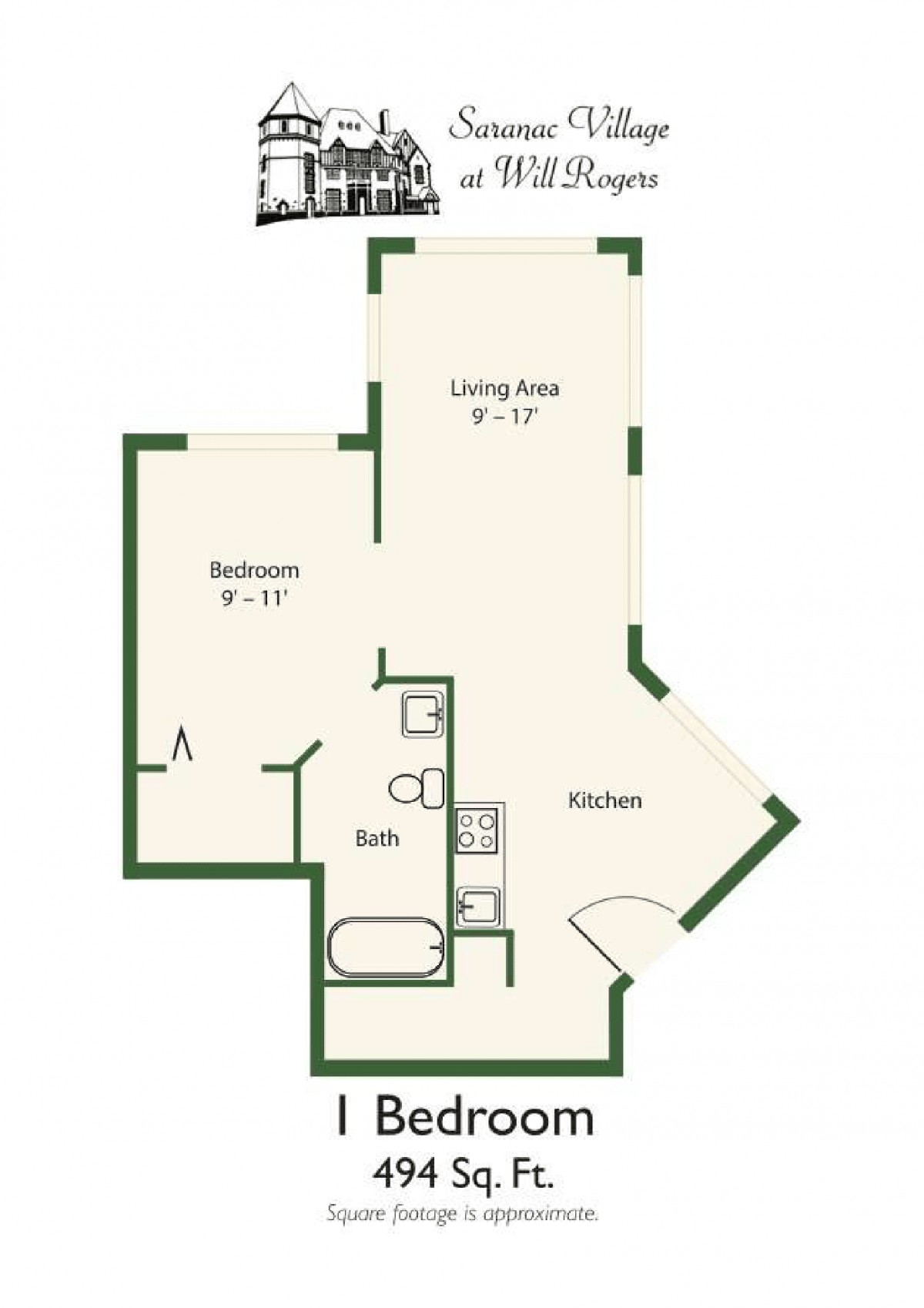 A floor plan of a one-bedroom apartment with living area, kitchen, and bathroom.