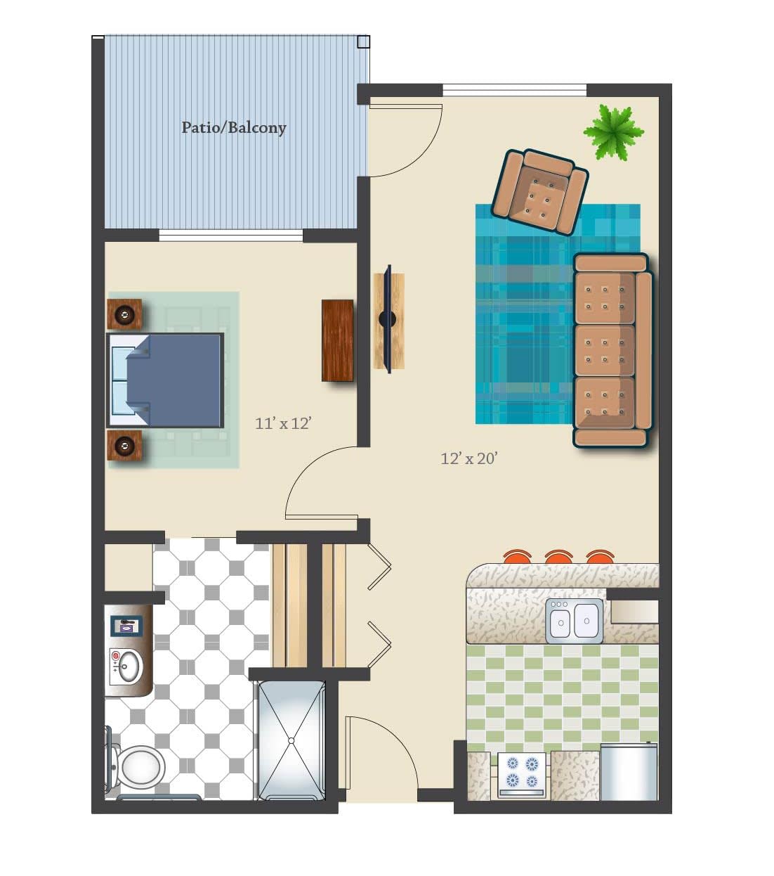 A detailed floor plan of a small apartment featuring a living room, bedroom, kitchen, bathroom, and balcony.