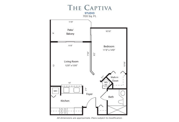 Floor plan of The Captiva, a one-bedroom apartment with a living room, kitchen, and balcony.