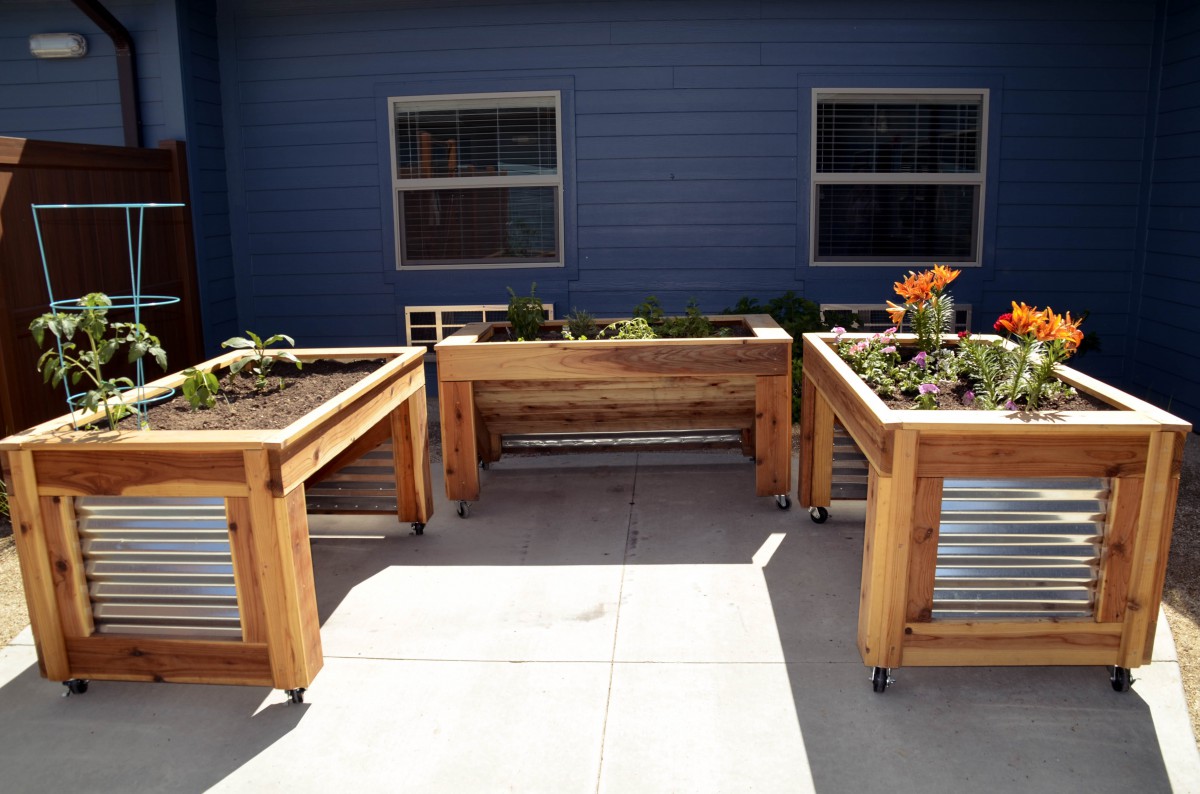 A set of raised wooden garden beds on a patio, ideal for urban gardening.