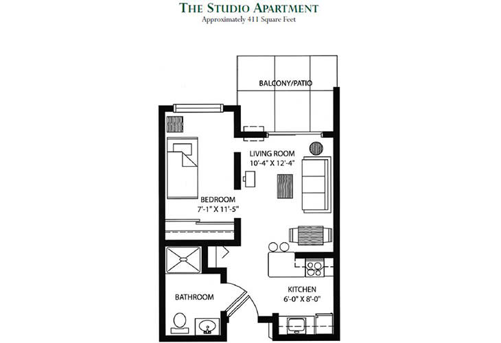 Floor plan of a studio apartment with a living room, bedroom area, kitchen, bathroom, and balcony.