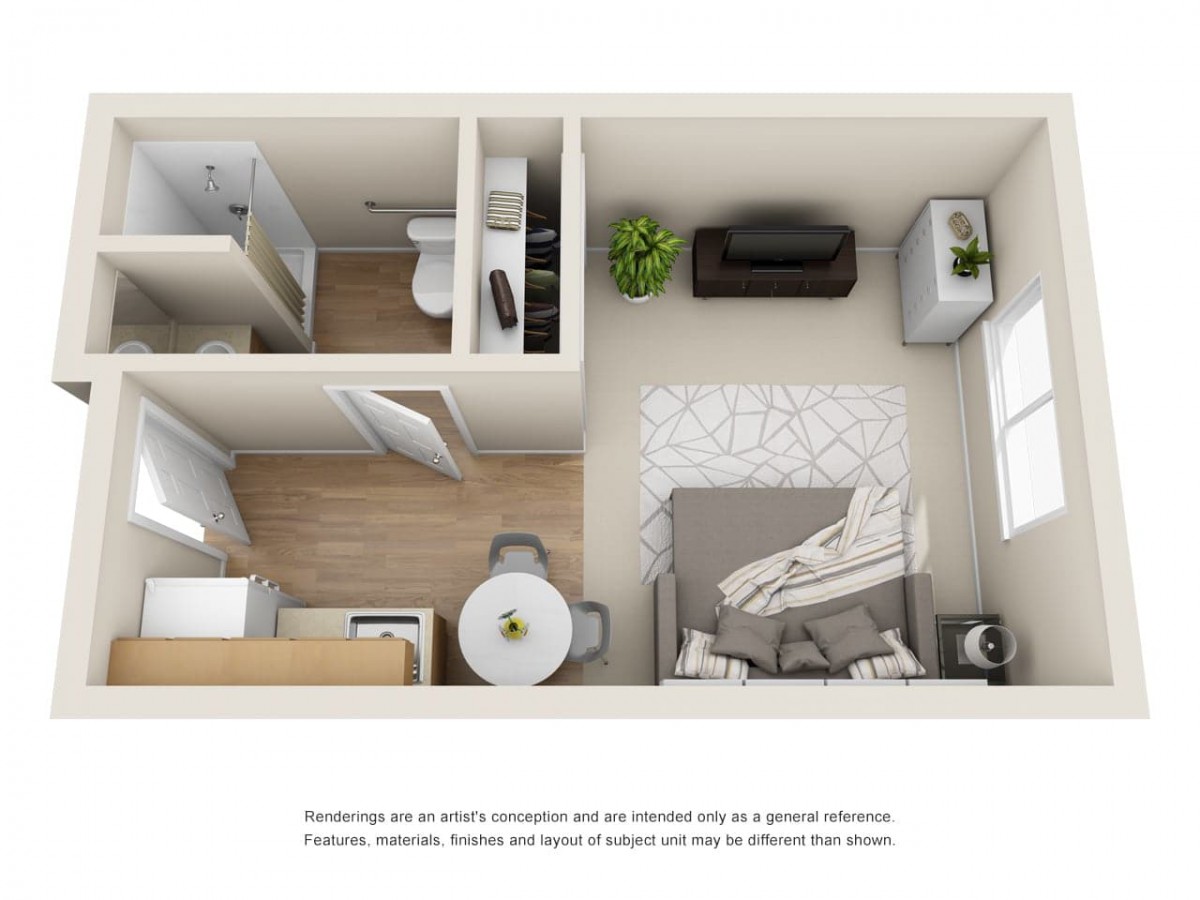 A compact apartment floor plan showcasing a bedroom, living area, and bathroom with modern furnishings.