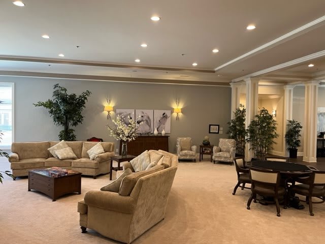 A spacious and elegantly decorated living room with comfortable seating and greenery.