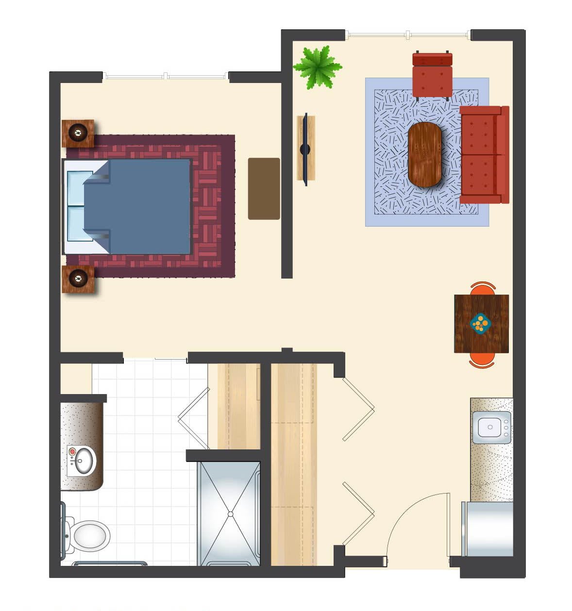 A one-bedroom apartment floor plan featuring a living room, kitchen, and bathroom.
