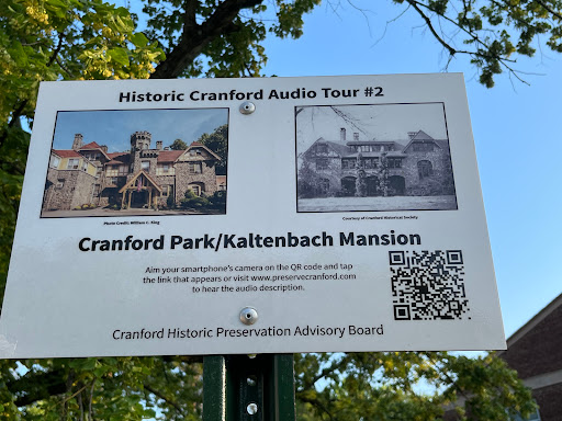 Sign for the Historic Cranford Audio Tour featuring Cranford Park and Kaltenbach Mansion.