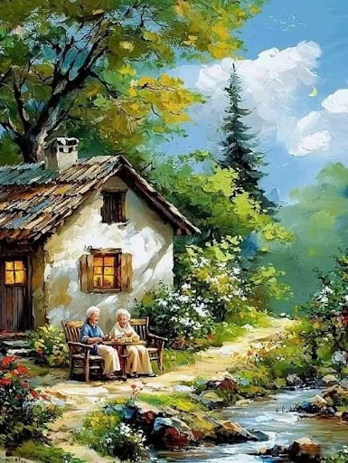 Two seniors enjoying a serene moment outside their charming cottage, surrounded by lush greenery and vibrant flowers.