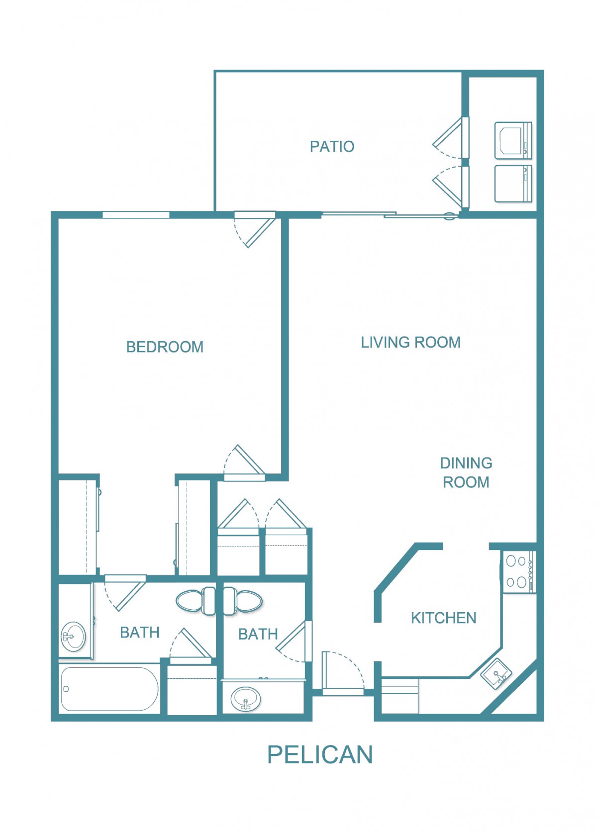 A floor plan of an apartment showing the layout of a bedroom, living room, kitchen, two bathrooms, and a patio.
