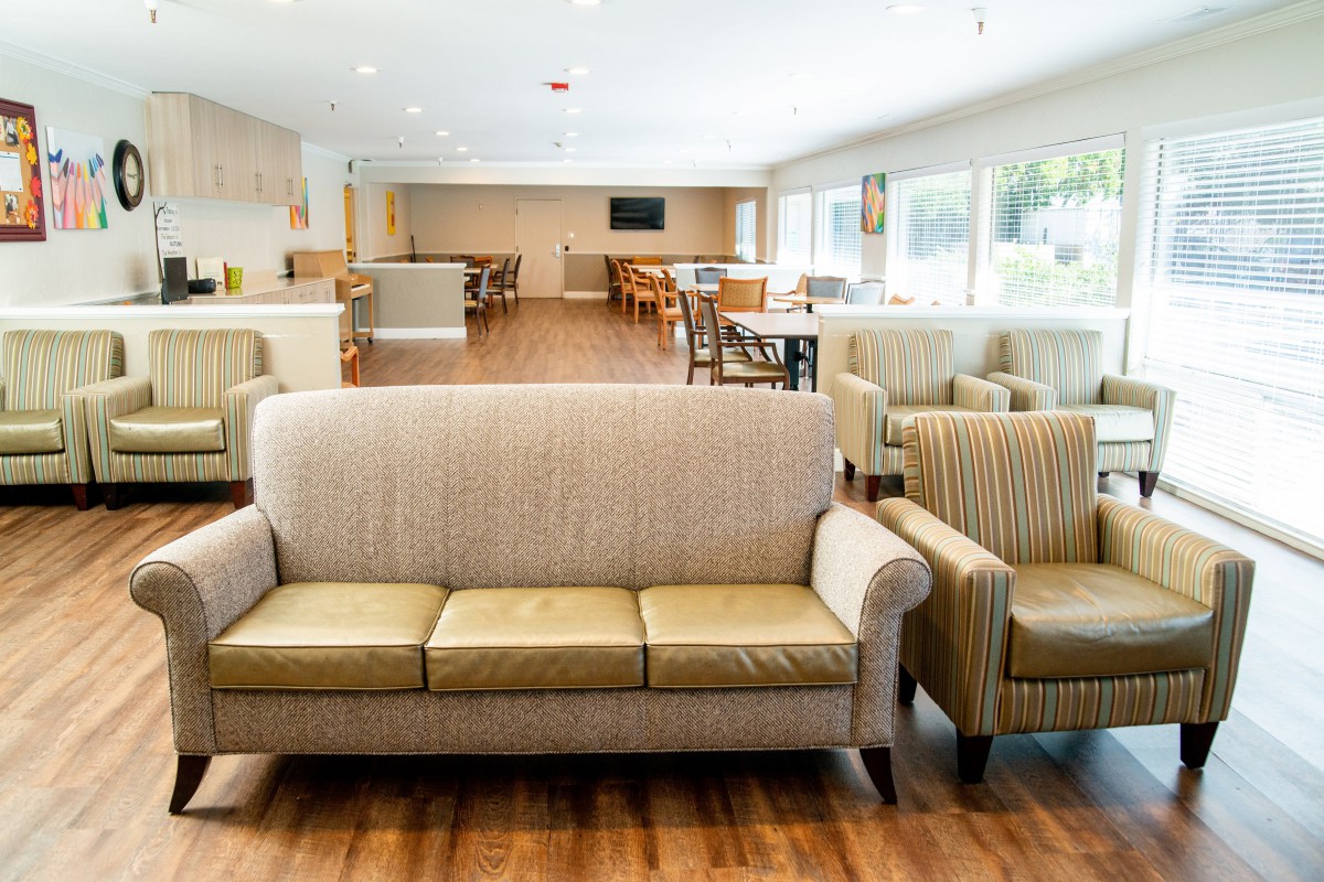 A bright and spacious living area featuring a sofa, armchairs, and ample natural light.