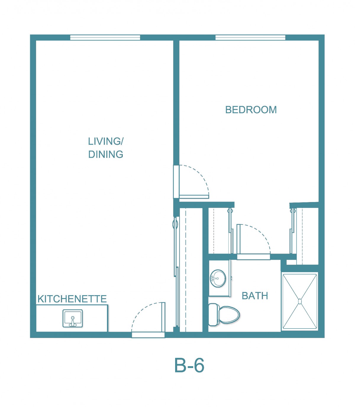 A floor plan of a one-bedroom apartment featuring a combined living and dining area, kitchen, bathroom, and a bedroom.