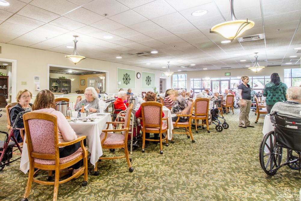 A group of seniors socializing in a bright and spacious dining area.