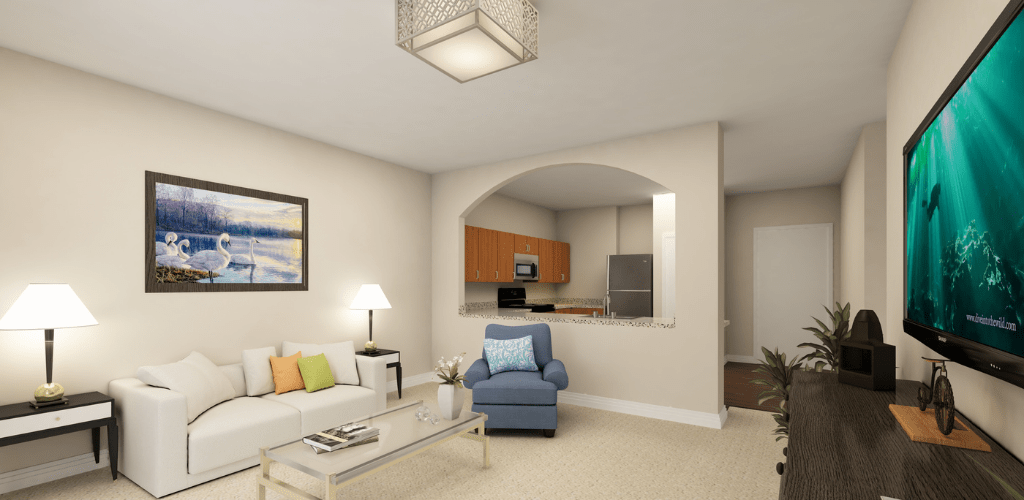 A modern living room with a cozy armchair, sofa, and a view into the kitchen.