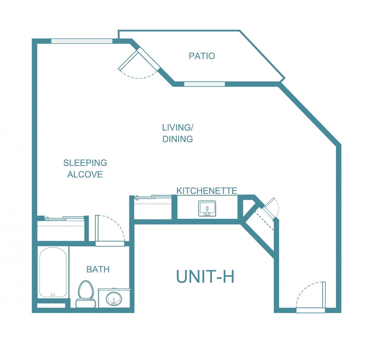 Studio apartment floor plan with sleeping alcove, kitchen, patio, and bathroom.