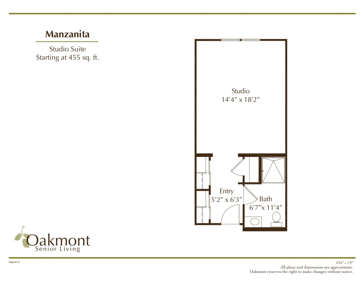 Floor plan of a studio suite layout with detailed dimensions.