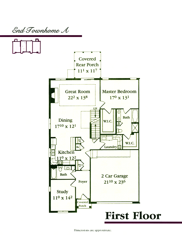 Floor plan of a townhouse layout with labeled rooms.