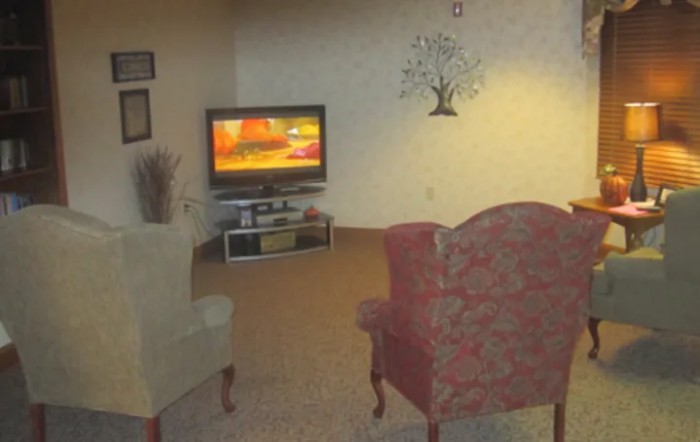 A cozy living room featuring a television, two chairs, and wall decor.