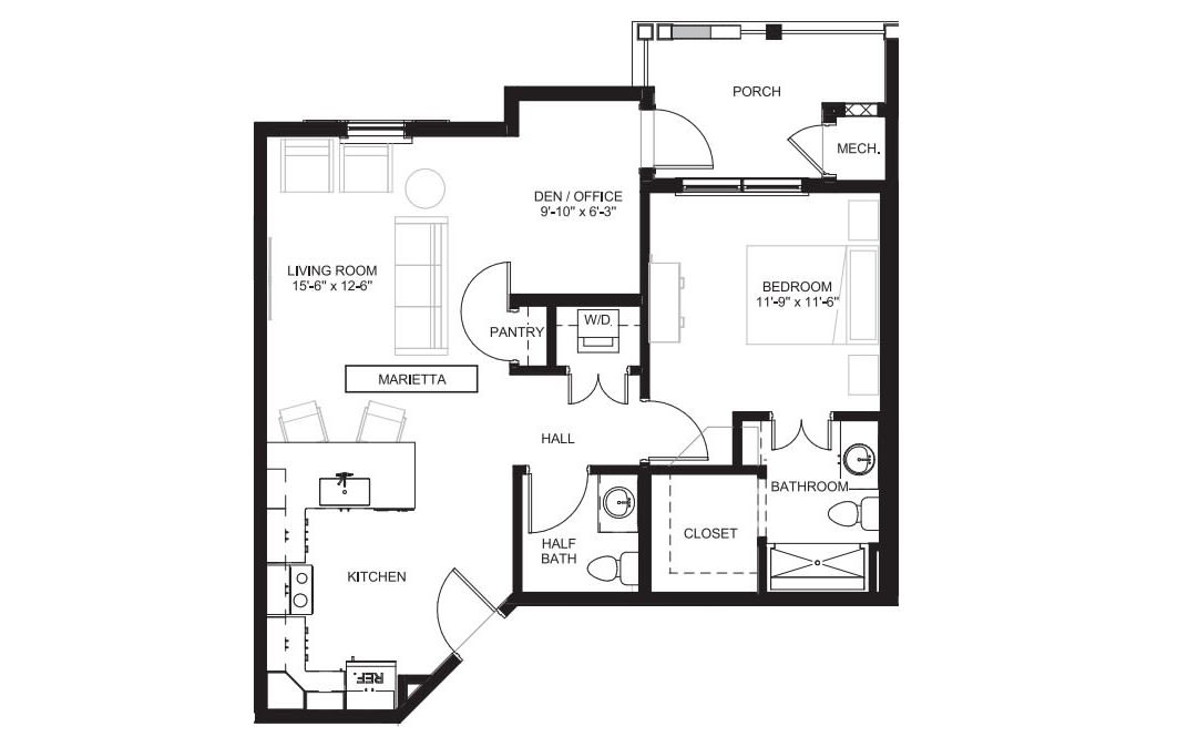 A floor plan of a one-bedroom apartment featuring a living room, kitchen, and bathroom layout.