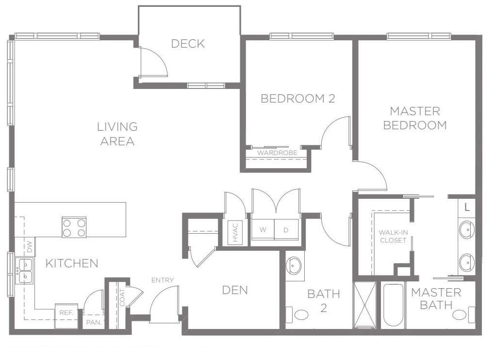 A floor plan of an apartment showing two bedrooms, two bathrooms, a kitchen, living area, and deck.
