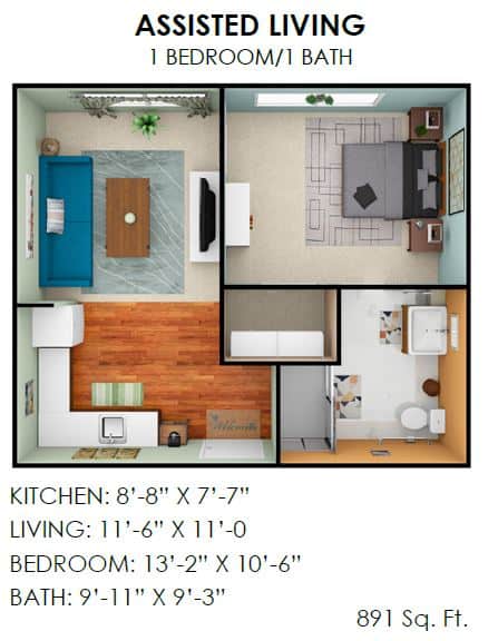 A detailed floor plan of a small apartment, showing the layout of the kitchen, living room, bedroom, and bathroom with their respective dimensions.