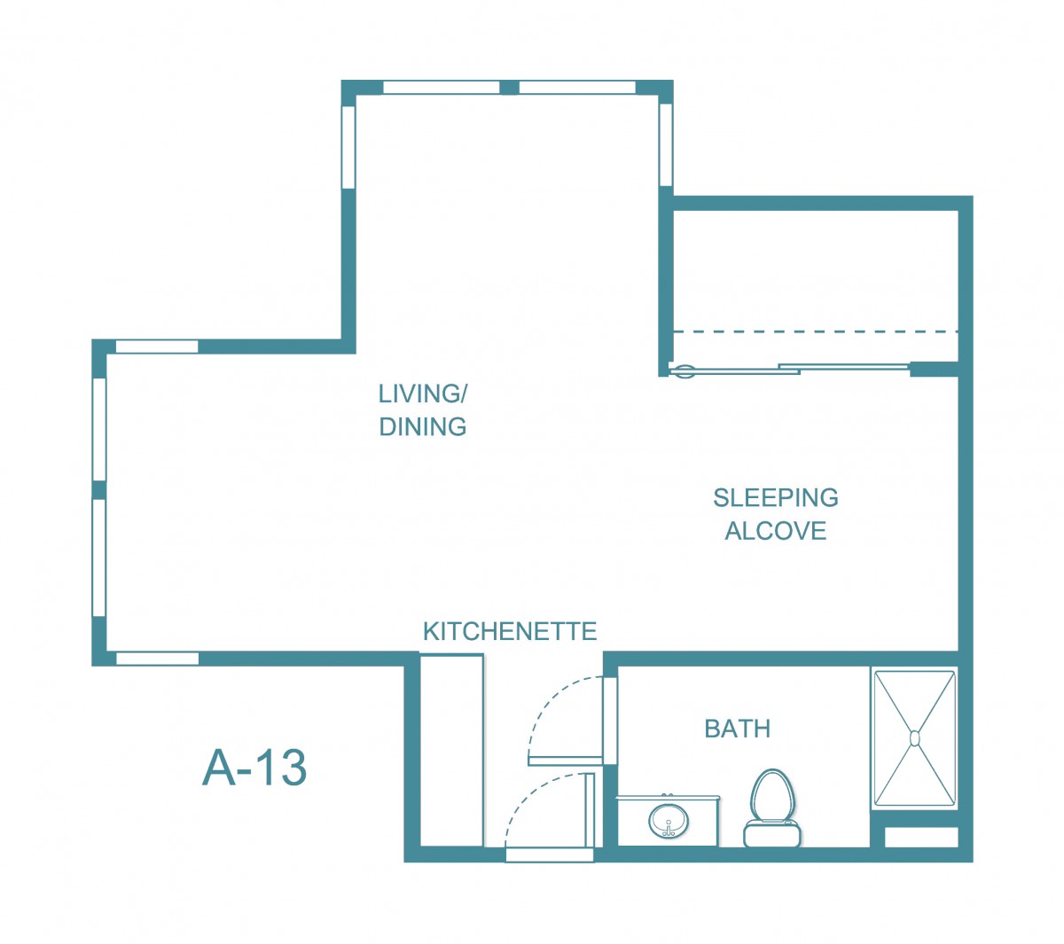 Studio apartment floor plan with living area and kitchenette.