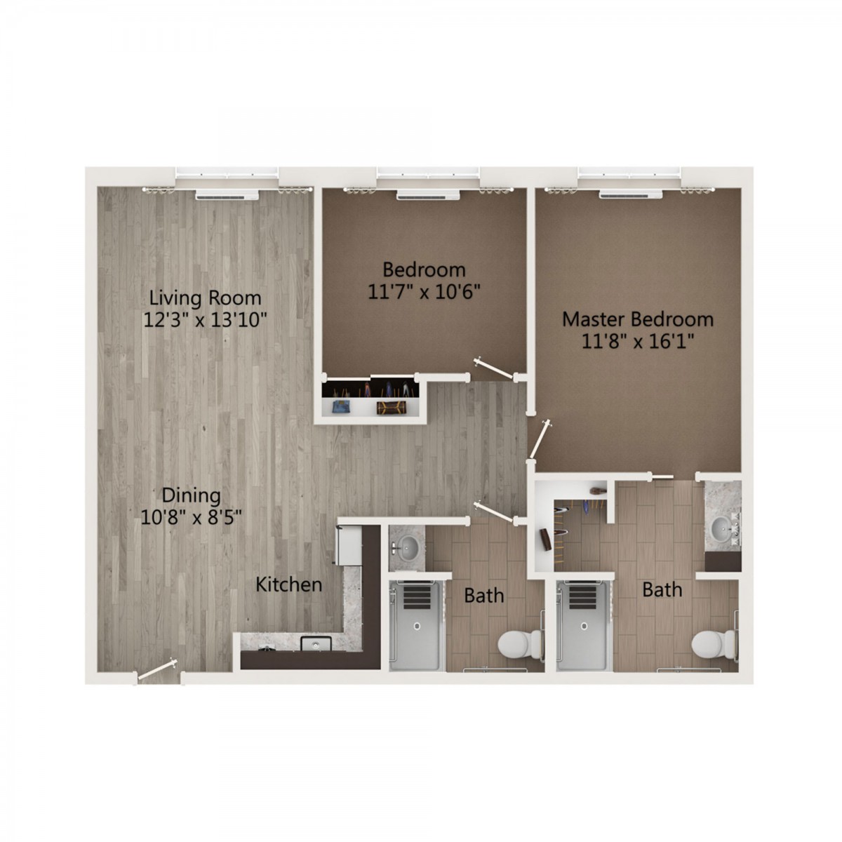 A floor plan of a two-bedroom apartment layout, including living room, kitchen, and bathroom areas.
