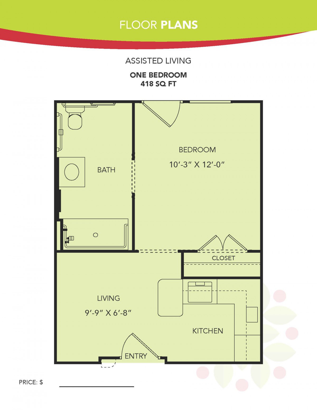 One-bedroom assisted living floor plan layout.