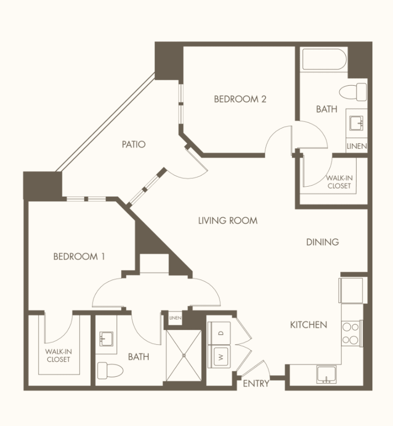 A two-bedroom apartment floor plan featuring a living room, kitchen, dining area, and bathroom.
