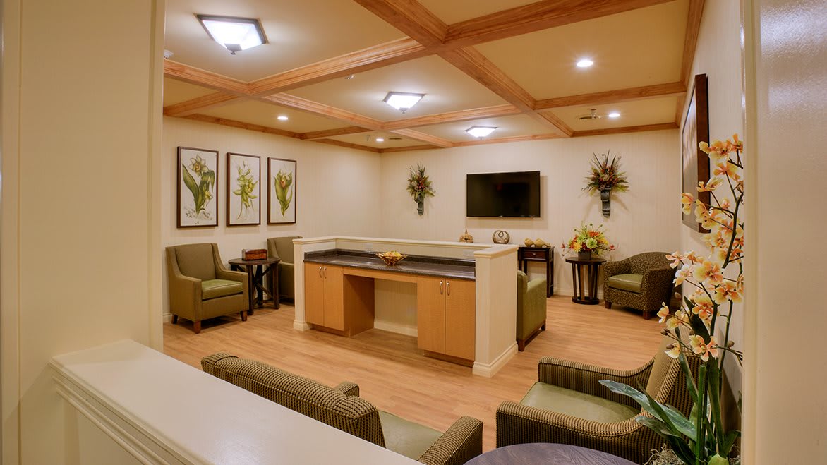 A cozy waiting room featuring comfortable seating, a wall-mounted television, decorative plants, and framed artwork.