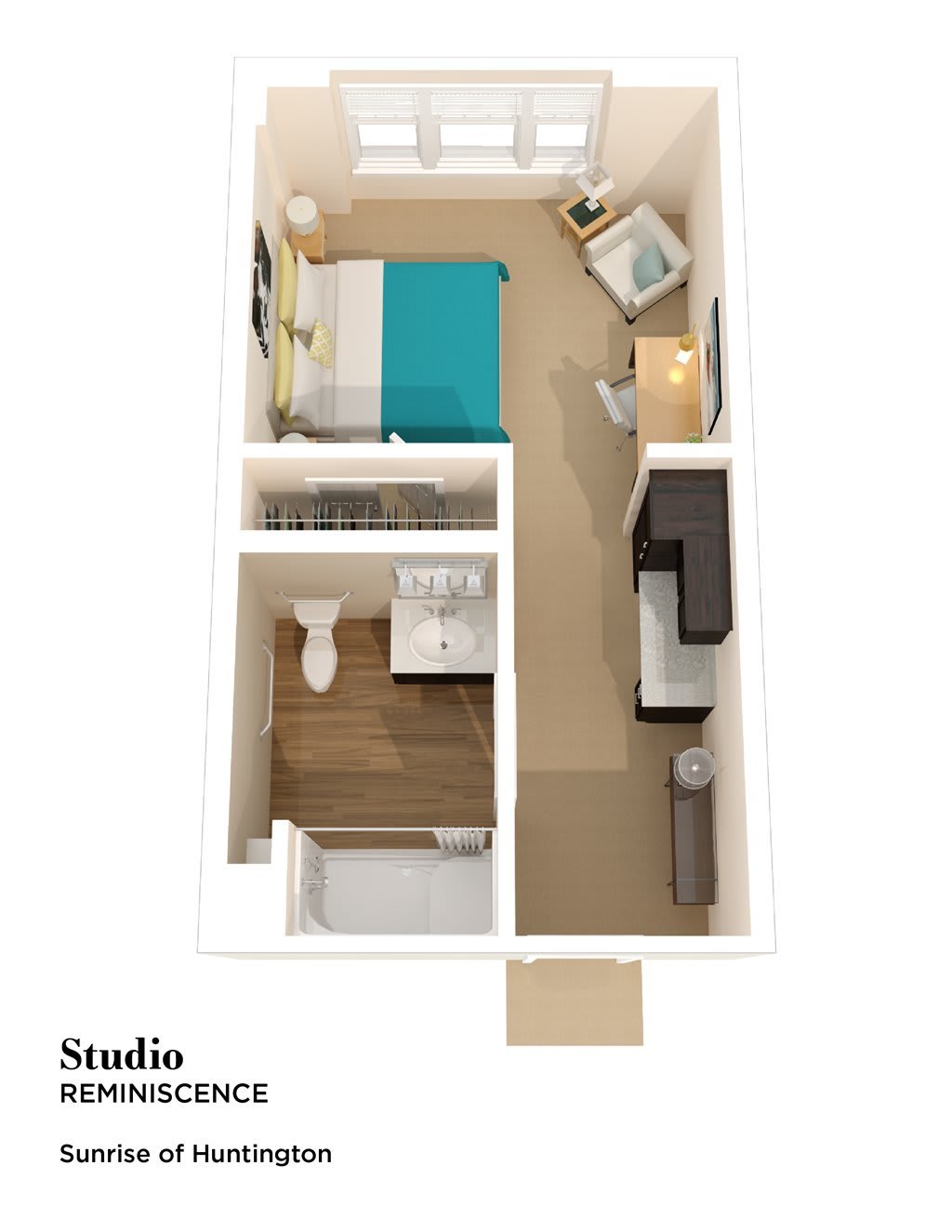 3D floor plan of a compact studio apartment with one bedroom, a kitchen area, and a bathroom.