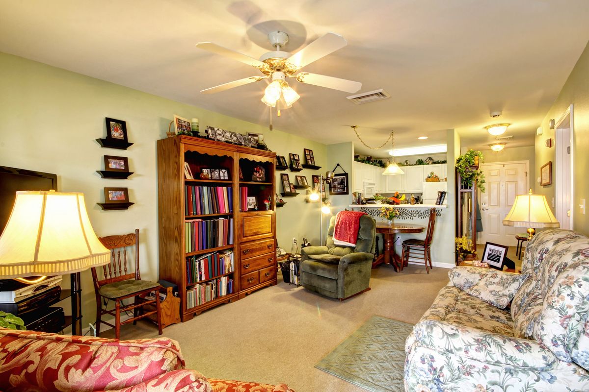 A cozy living room with bookshelves, comfortable seating, and decorative elements.