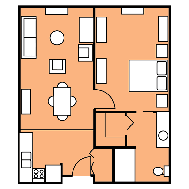 A floor plan of an apartment showing the layout of rooms and furniture.